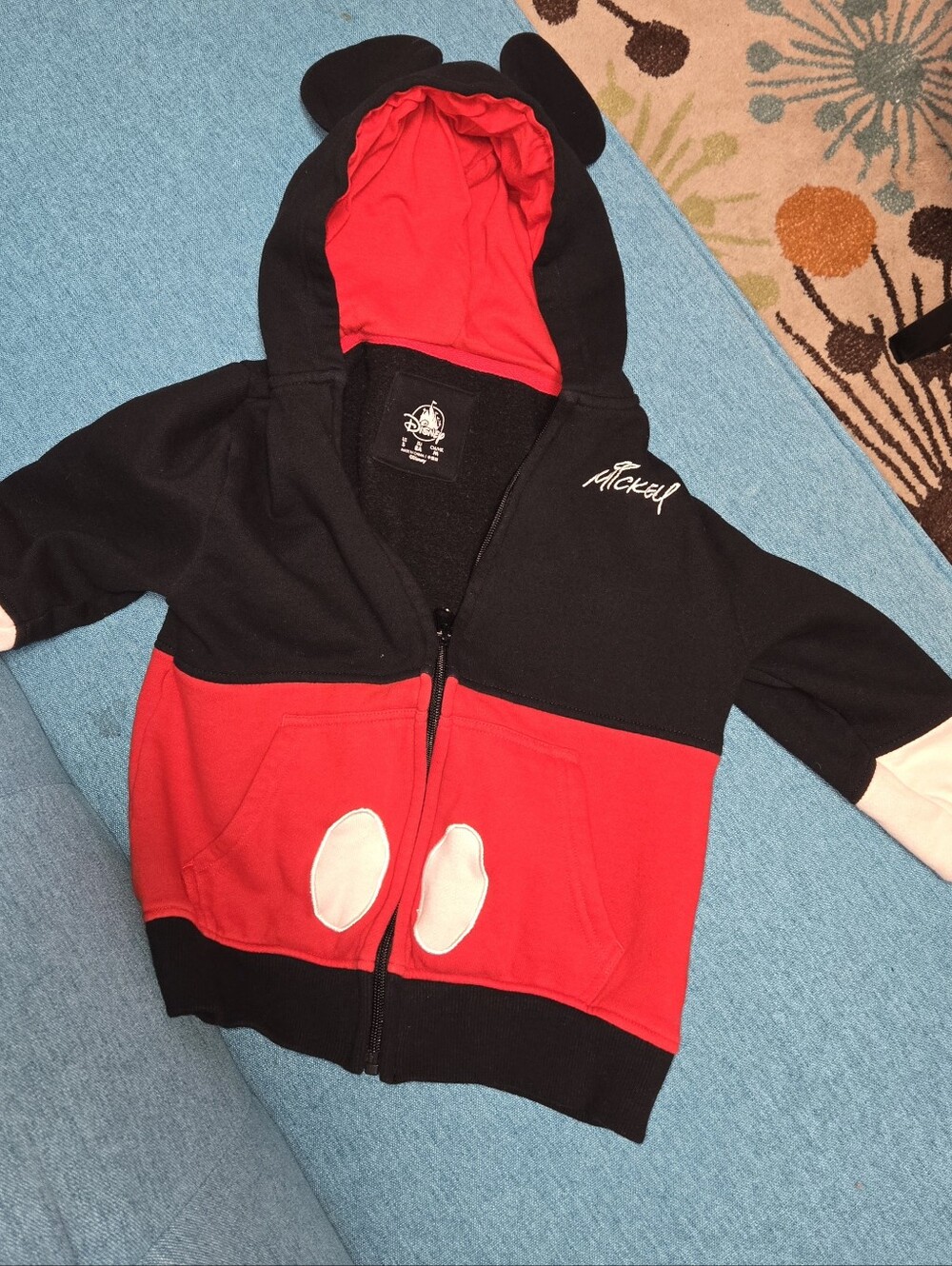 Disney Parks Mickey Mouse Hoodie Unisex Kids Size S Black Red Zip Jacket Ears